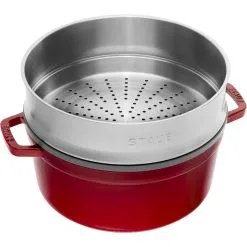 Staub 26 Cm Round Cast Iron Cocotte With Steamer Cherry -Knives & Scissors Sales Store 40510601 1